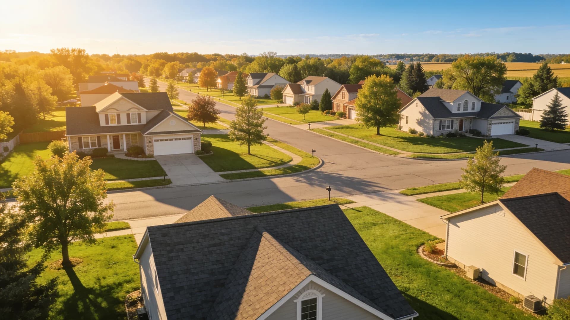 Aerial view of a Central Wisconsin residential neighborhood at golden hour